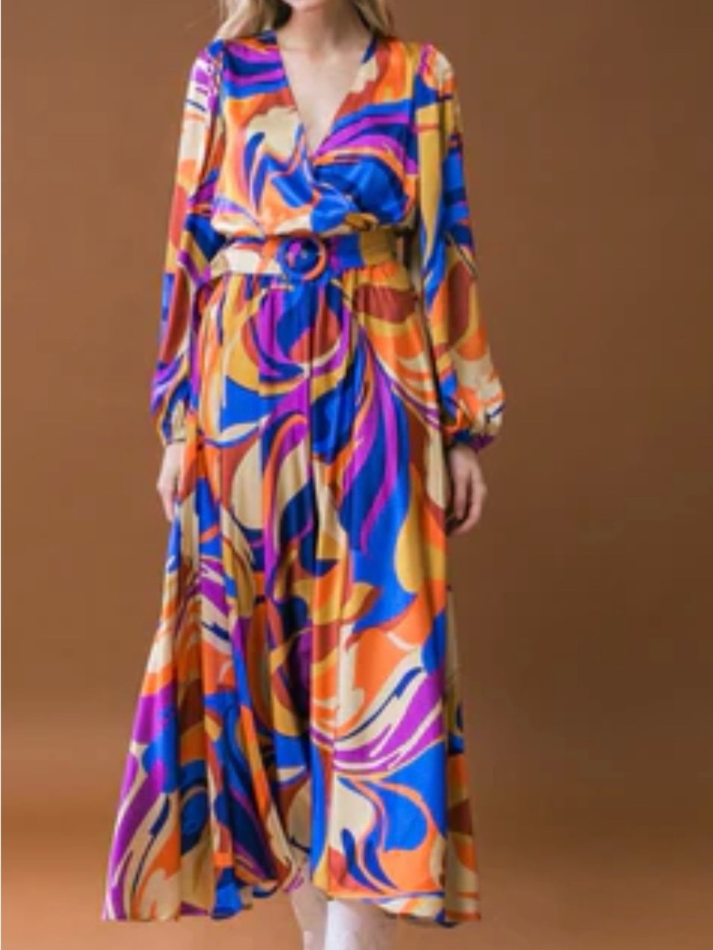 Flying Tomato Long Sleeve V-Neck Printed Maxi Dress in Multicolor